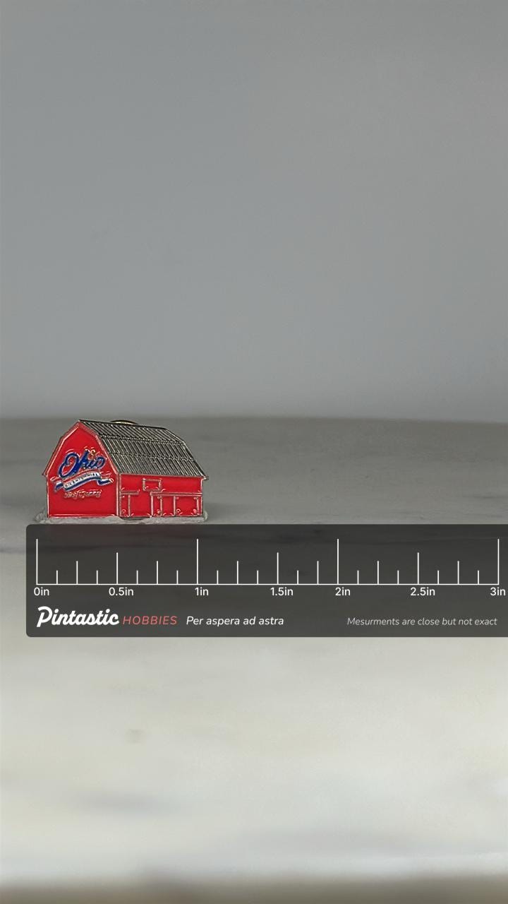 Ohio Barn Enamel Pin: Red & Silver Finish - Vintage Souvenir Accessory with ruler overlay for size reference