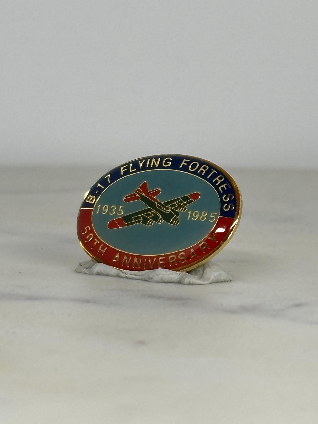B-17 Flying Fortress Enamel Pin: Red/Blue Oval - 1985 Anniversary Accessory