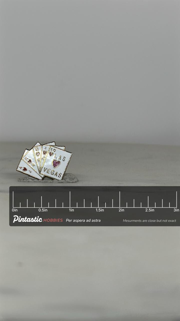 Las Vegas Poker Enamel Pin: Red & White Finish - Vintage Casino Accessory with ruler overlay for size reference