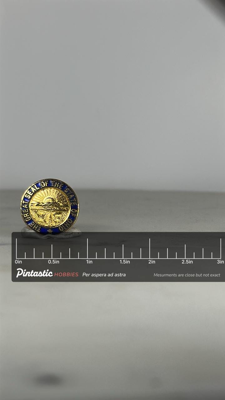 Ohio State Seal Enamel Pin: Gold & Blue Finish - Patriotic Collectible Accessory with ruler overlay for size reference