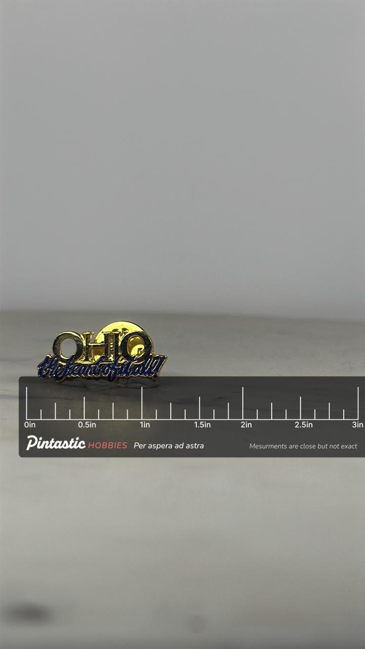 Ohio Souvenir Enamel Pin: Gold & Blue Script - Vintage Travel Accessory with ruler overlay for size reference