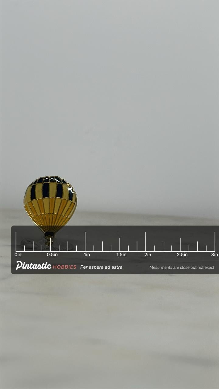 Hot Air Balloon Enamel Pin: Gold & Black Striped - Retro Travel Accessory with ruler overlay for size reference
