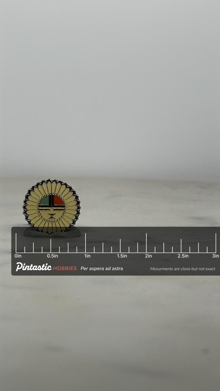 Native American Zia Sunface Pin: Cream Enamel Finish - Southwest Style Accessory with ruler overlay for size reference