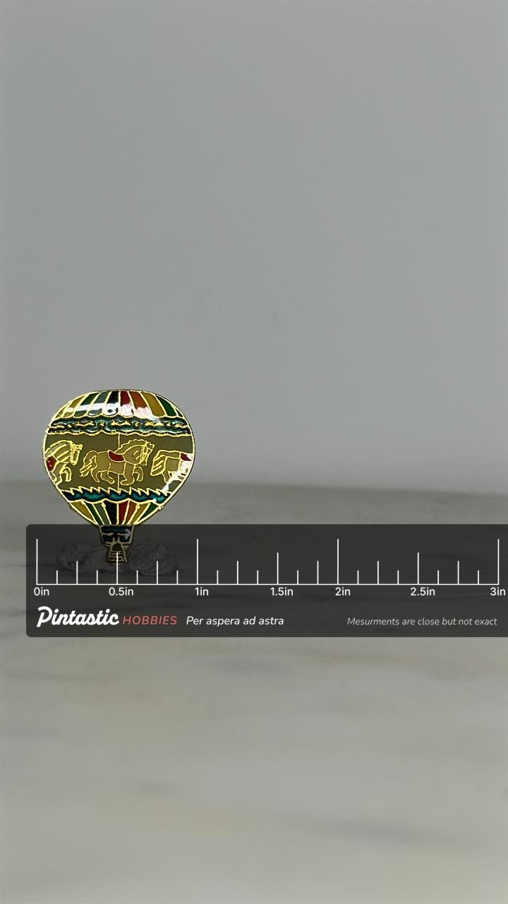 Carousel Balloon Enamel Pin: Multicolor Gold-Tone - Retro Carnival Accessory with ruler overlay for size reference
