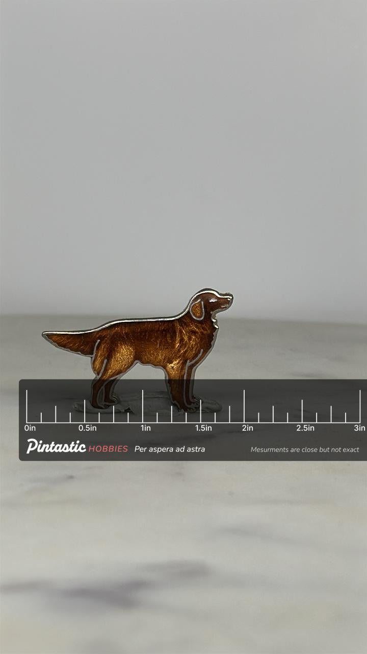 Golden Retriever Dog Pin: Brown Enamel Metal - Vintage Animal Accessory with ruler overlay for size reference
