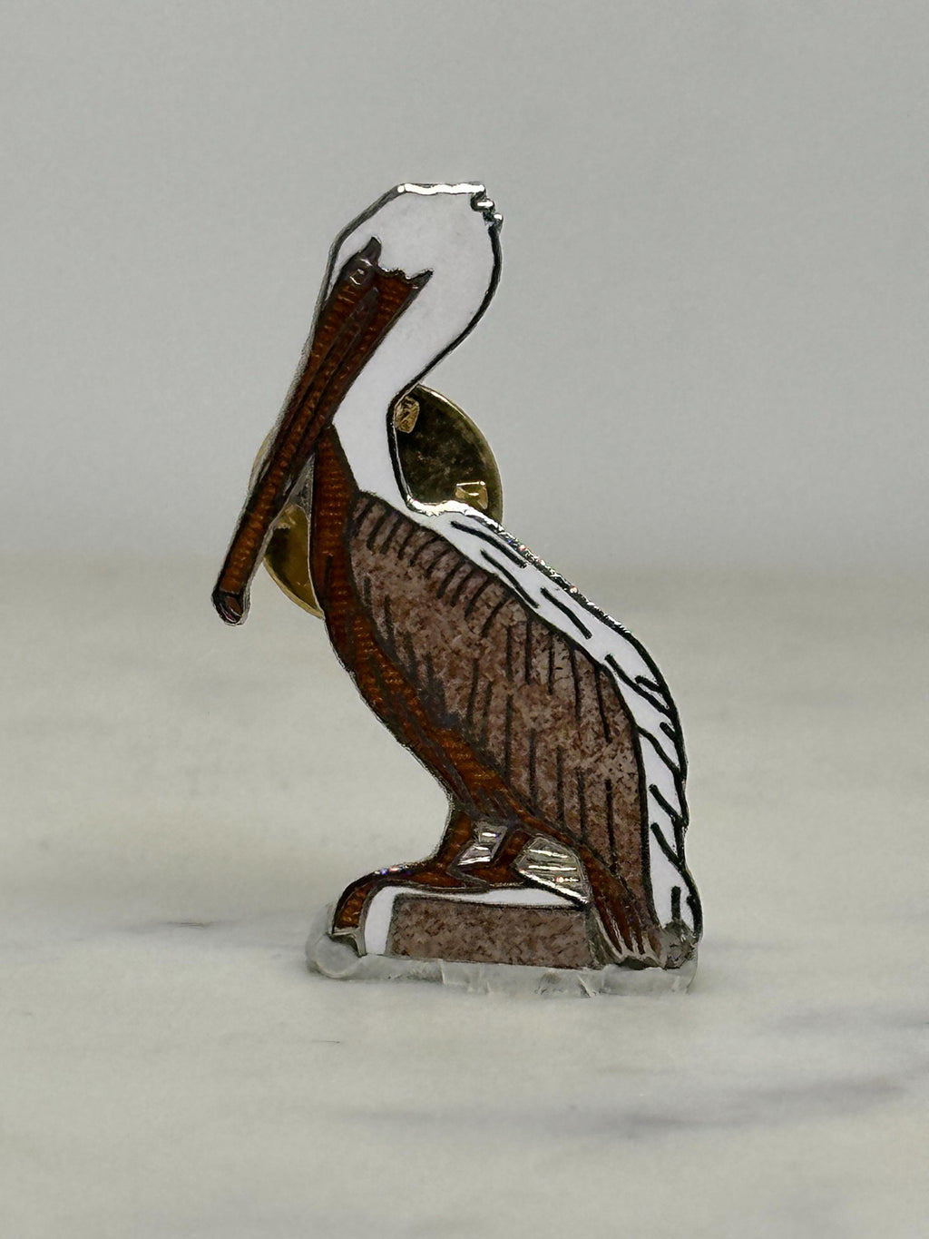 Pelican Enamel Pin: Brown & White Cloisonné - Nautical Retro Accessory
