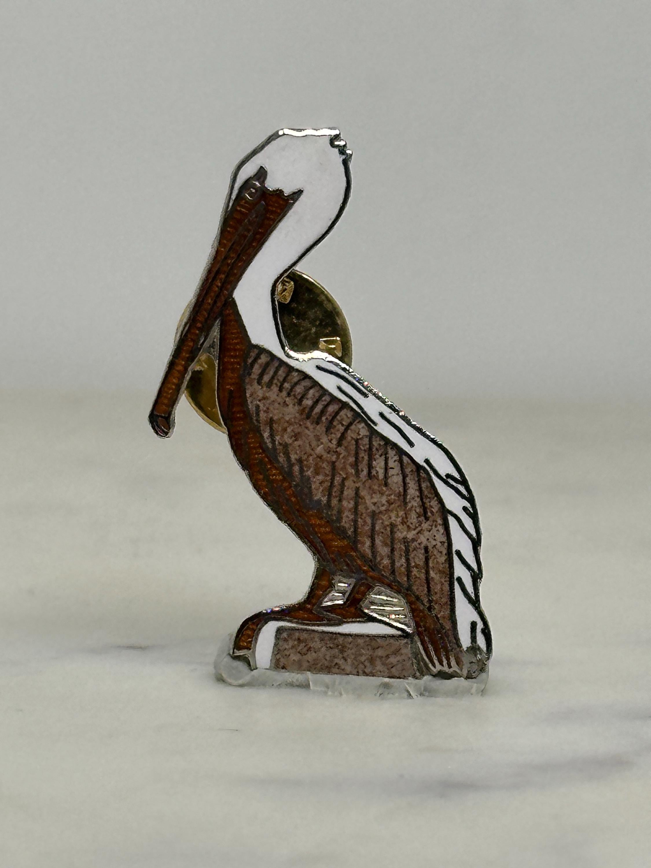 Pelican Enamel Pin: Brown & White Cloisonné - Nautical Retro Accessory