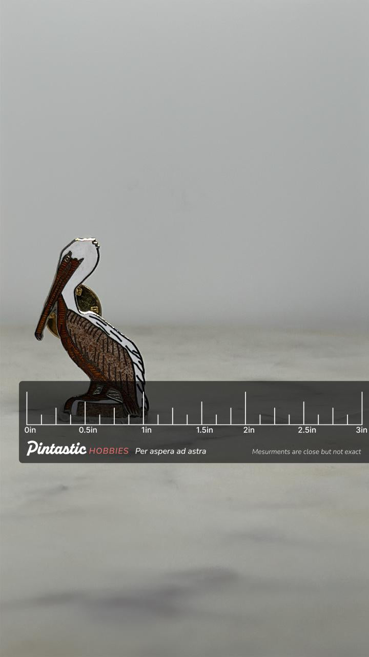 Pelican Enamel Pin: Brown & White Cloisonné - Nautical Retro Accessory with ruler overlay for size reference