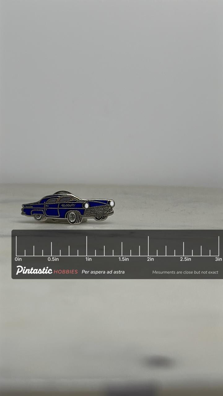 1958 Ford Thunderbird Blue Enamel Pin – Vintage Classic Car Lapel with ruler overlay for size reference