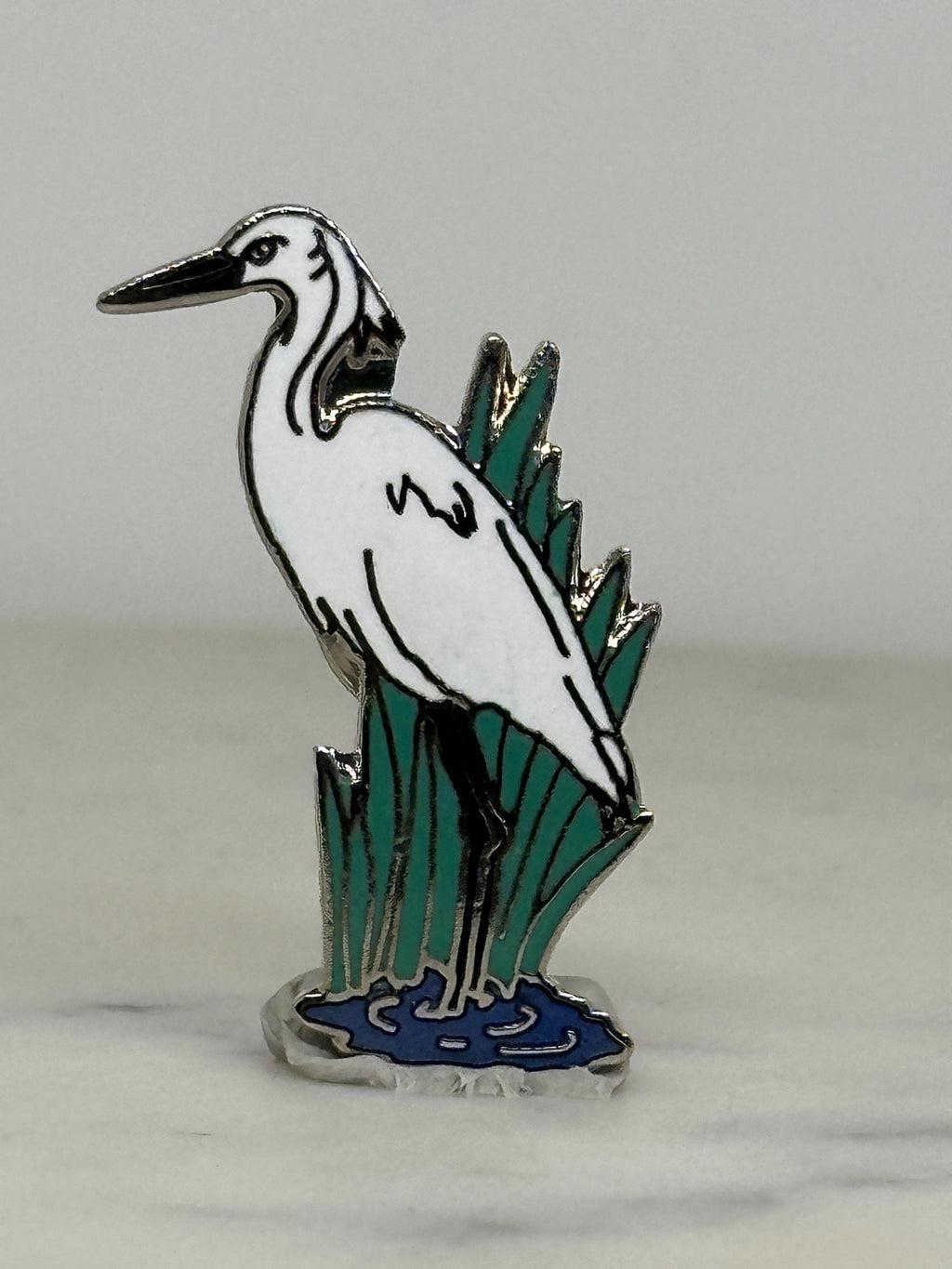 Egret Bird Enamel Pin: Silver Tone Wetland Design - Nature Lover Accessory