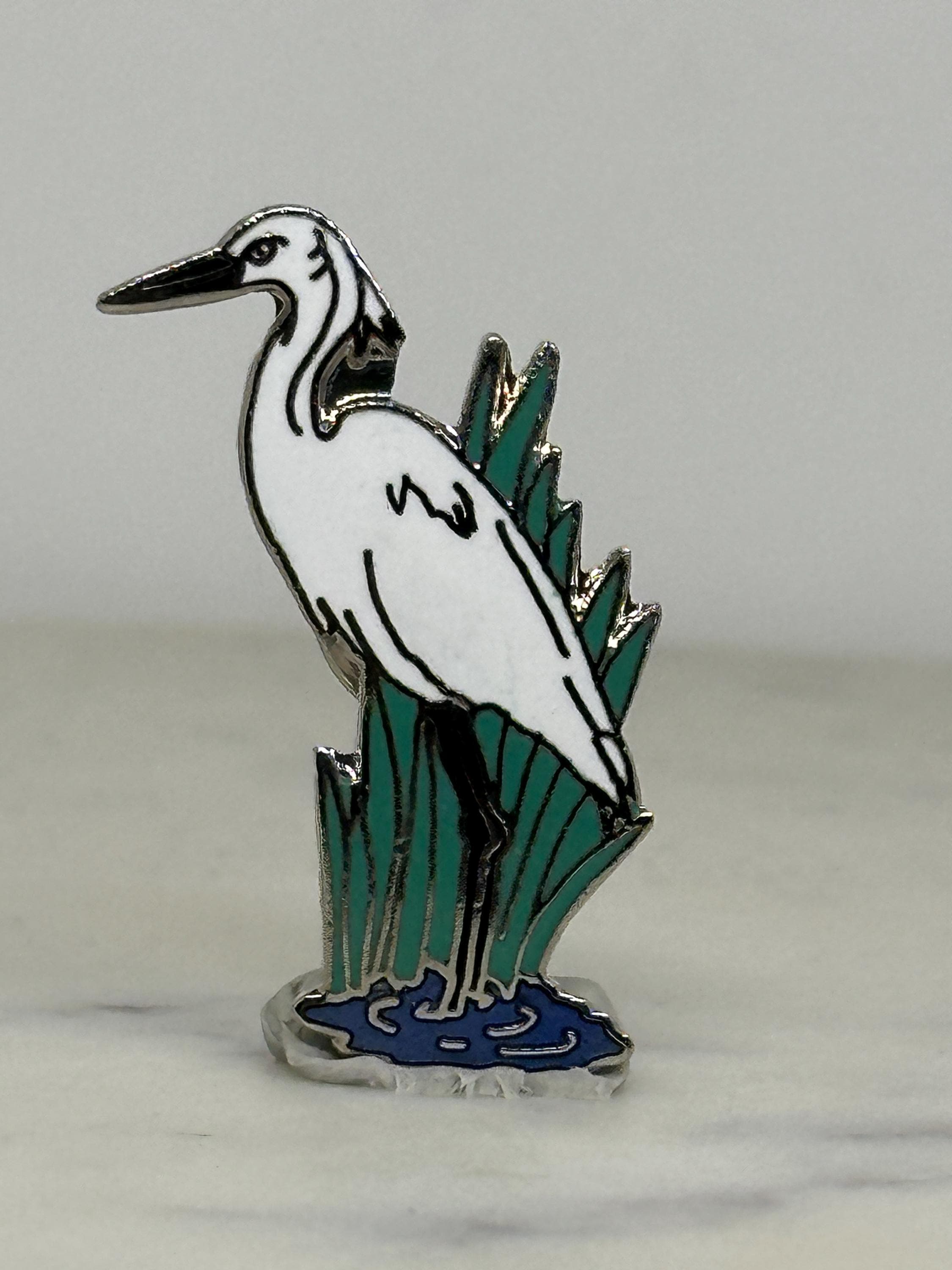 Egret Bird Enamel Pin: Silver Tone Wetland Design - Nature Lover Accessory