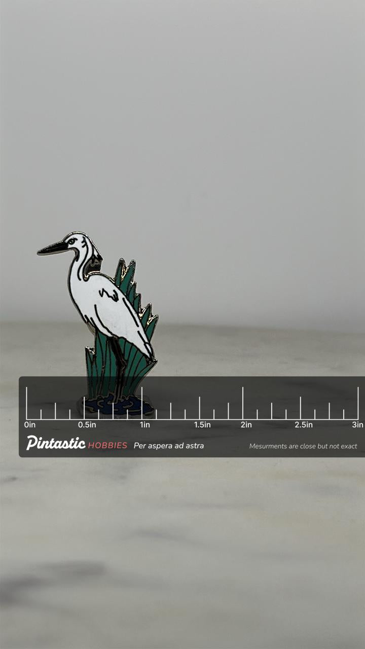Egret Bird Enamel Pin: Silver Tone Wetland Design - Nature Lover Accessory with ruler overlay for size reference