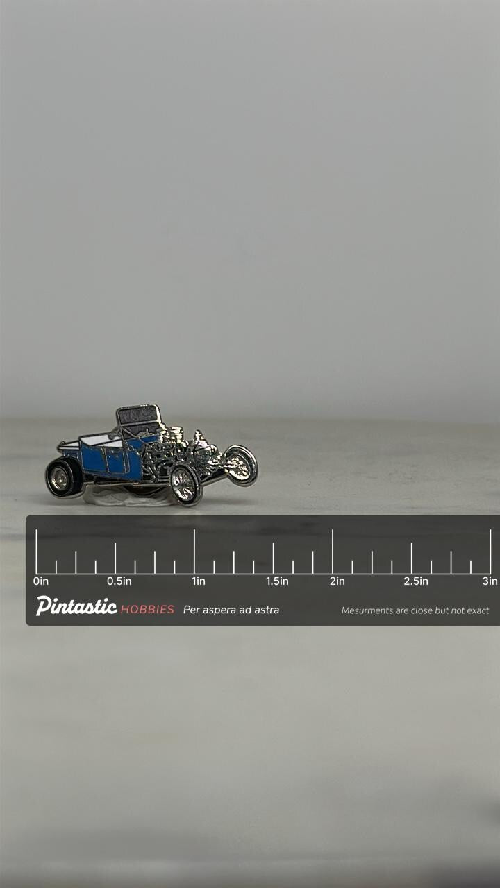 Ford Model T Hot Rod Blue Enamel Pin – Vintage T-Bucket Roadster Lapel with ruler overlay for size reference