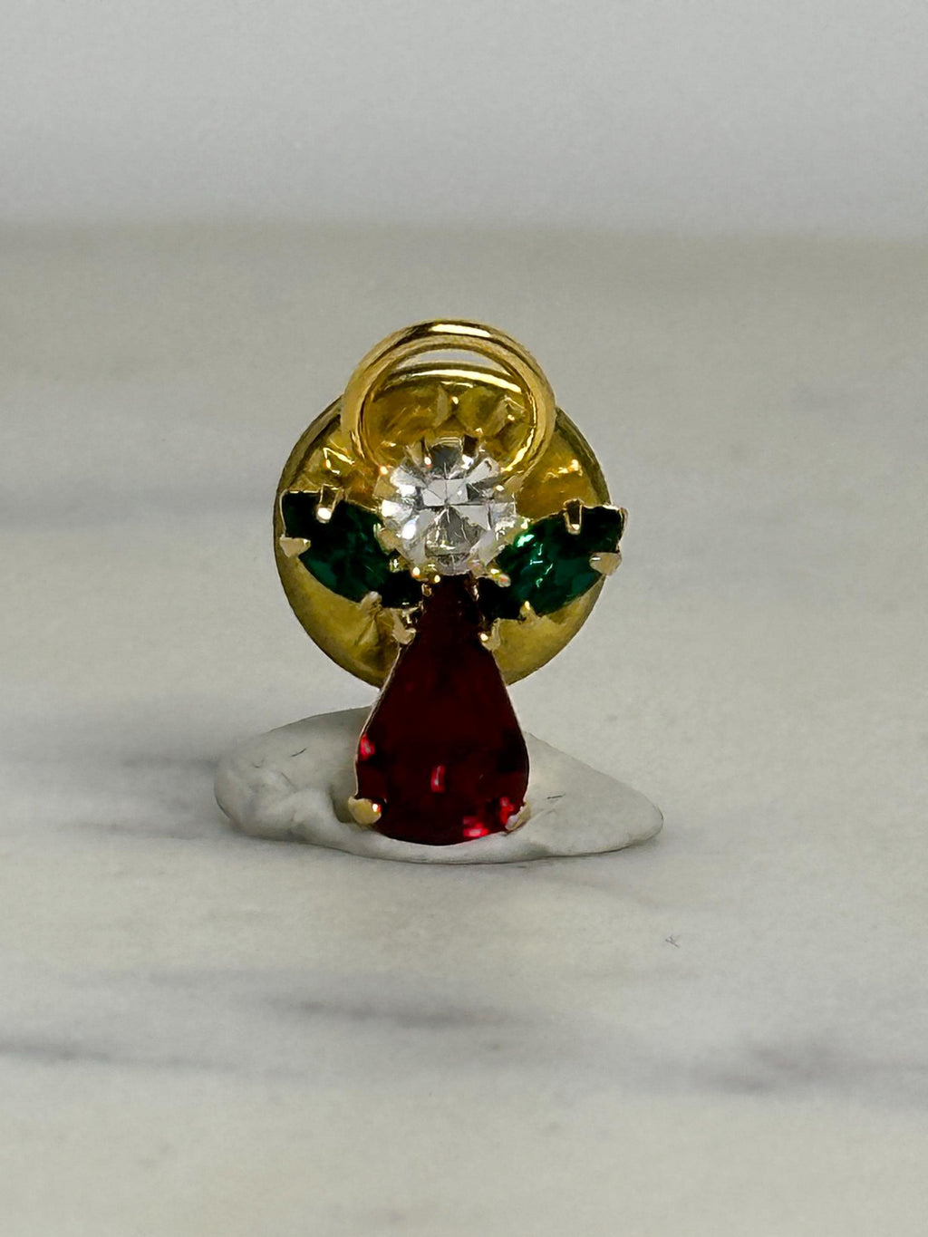 Christmas Angel Lapel Pin: Gold Tone with Red Gemstone - Vintage Holiday Accessory