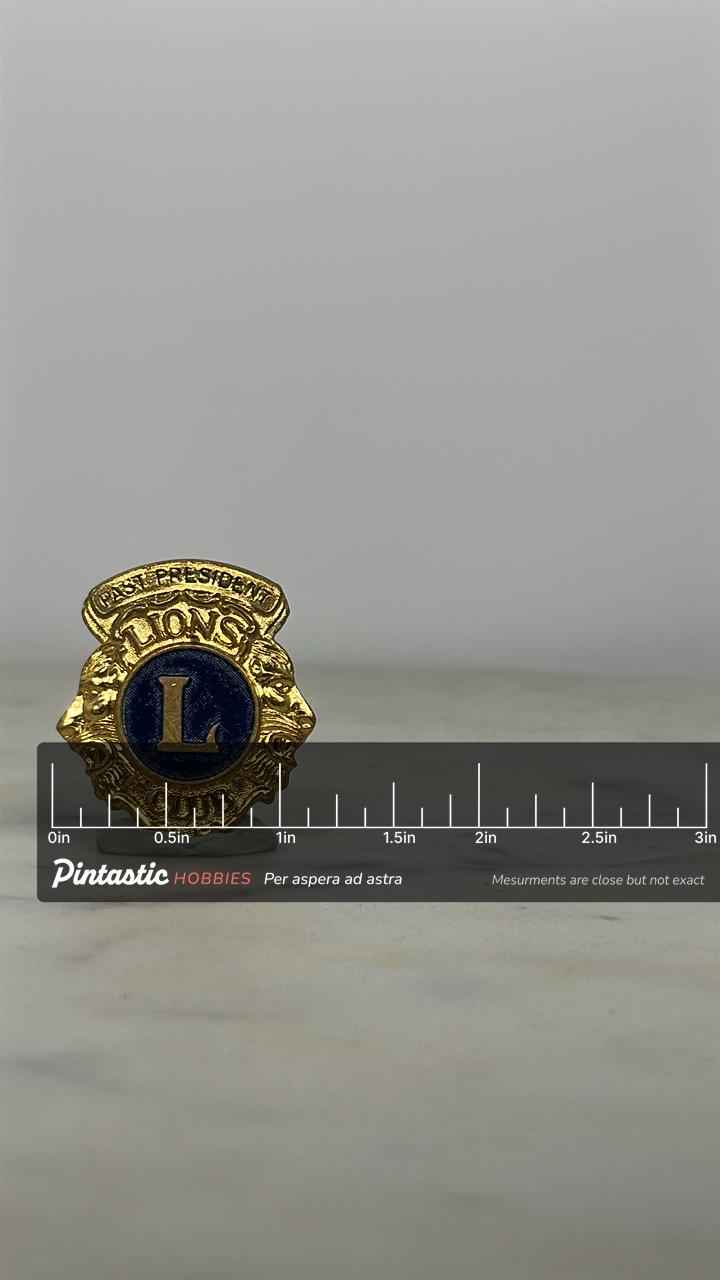 Lions Club Pin: Gold & Blue Enamel - Vintage Service Accessory with ruler overlay for size reference