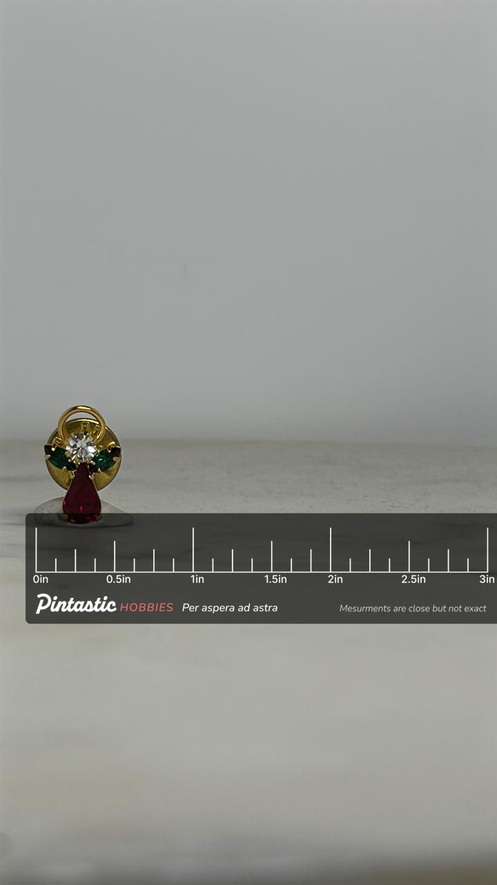 Christmas Angel Lapel Pin: Gold Tone with Red Gemstone - Vintage Holiday Accessory with ruler overlay for size reference