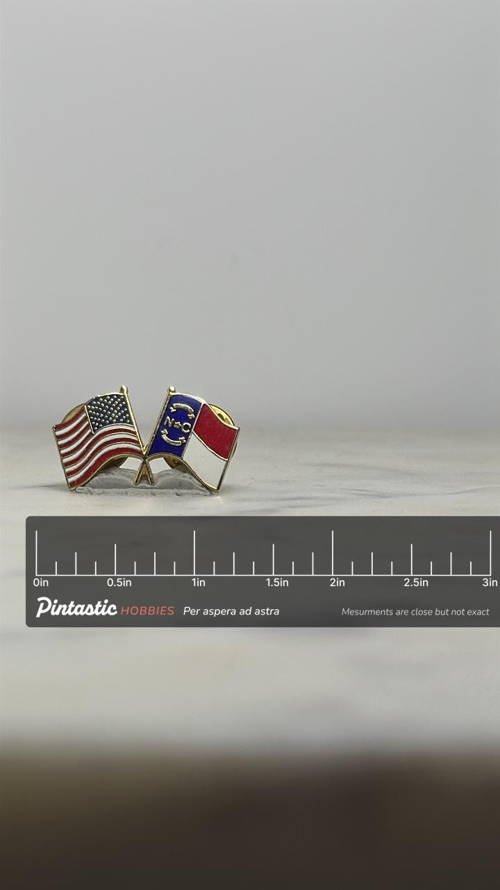 USA & North Carolina Flag Pin: Gold Tone Enamel - Patriotic State Accessory with ruler overlay for size reference