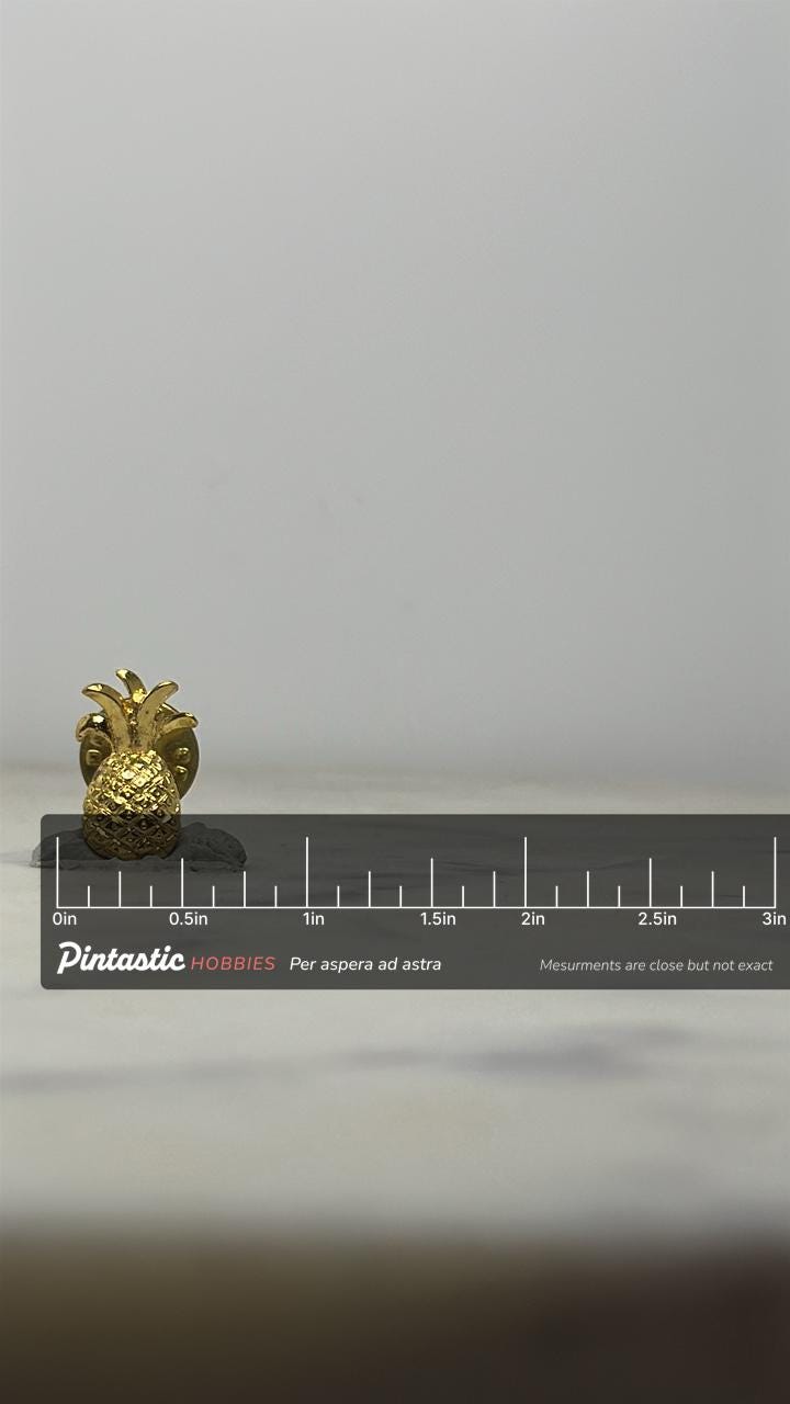 Pineapple Lapel Pin: Shiny Gold Finish - Retro Tropical Accessory with ruler overlay for size reference