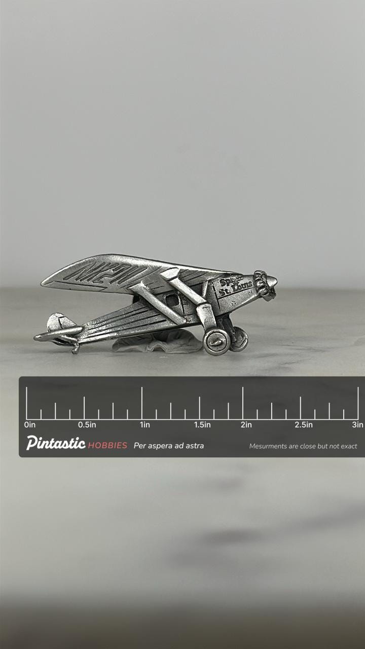Spirit of St. Louis Airplane Pin: Pewter Finish - Vintage Aviation Accessory with ruler overlay for size reference