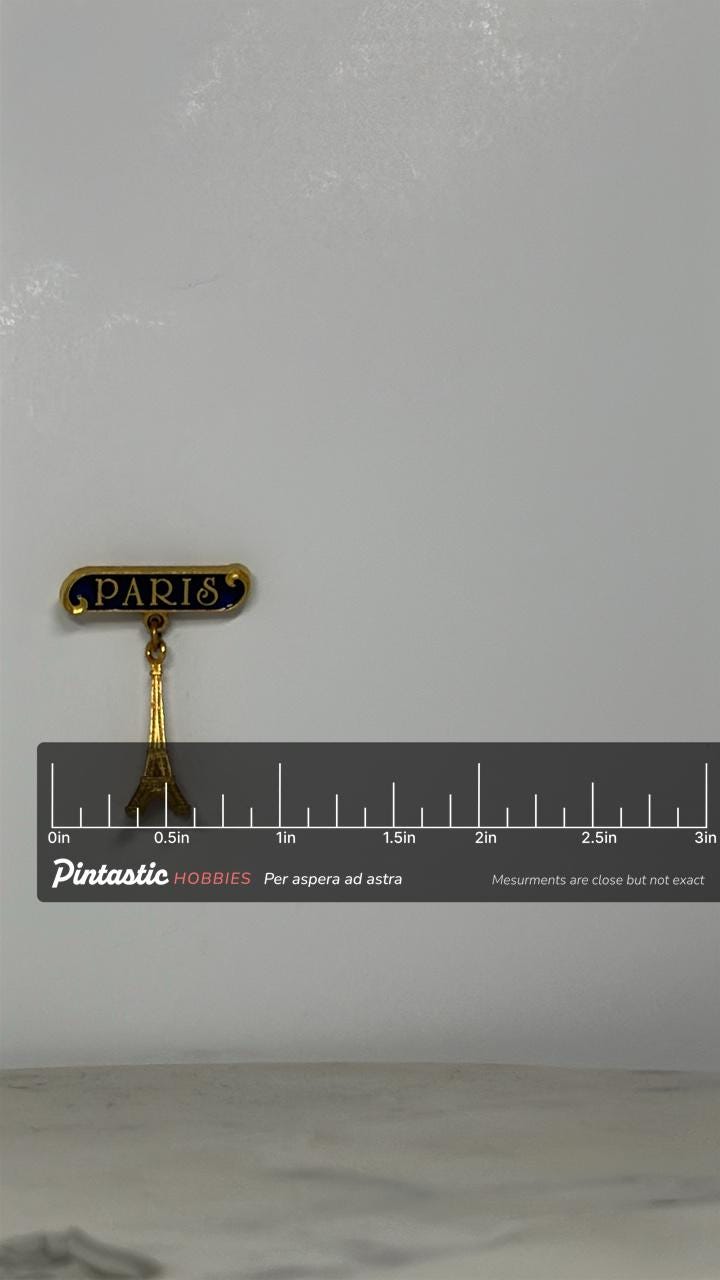 Paris Eiffel Tower Souvenir Pin: Gold & Navy Enamel - Vintage Travel Accessory with ruler overlay for size reference
