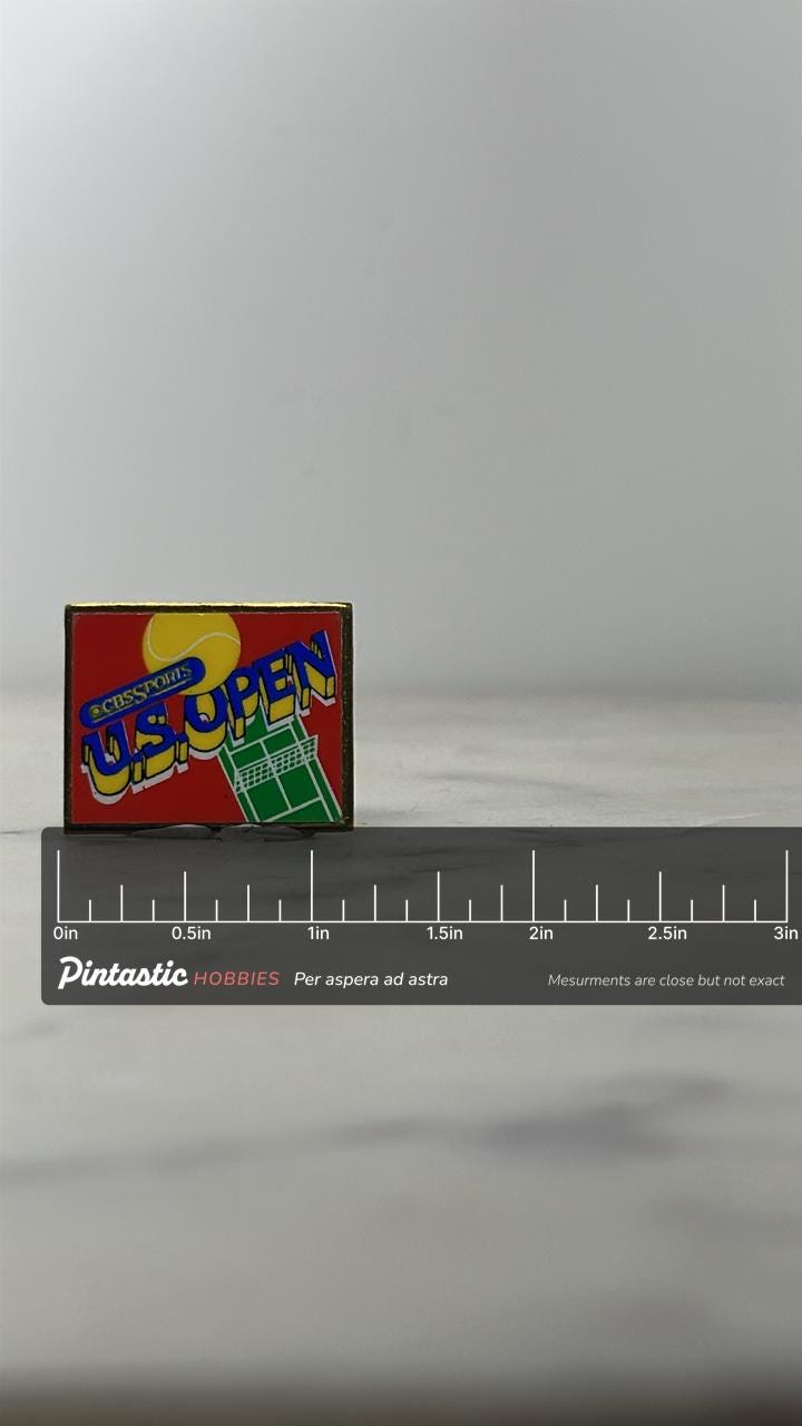 U.S. Open Tennis Pin: Bold Color CBS Sports - Vintage Sports Accessory with ruler overlay for size reference