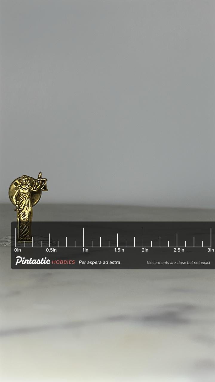 Lady Justice Enamel Pin: Gold Tone Finish - Legal Theme Accessory with ruler overlay for size reference