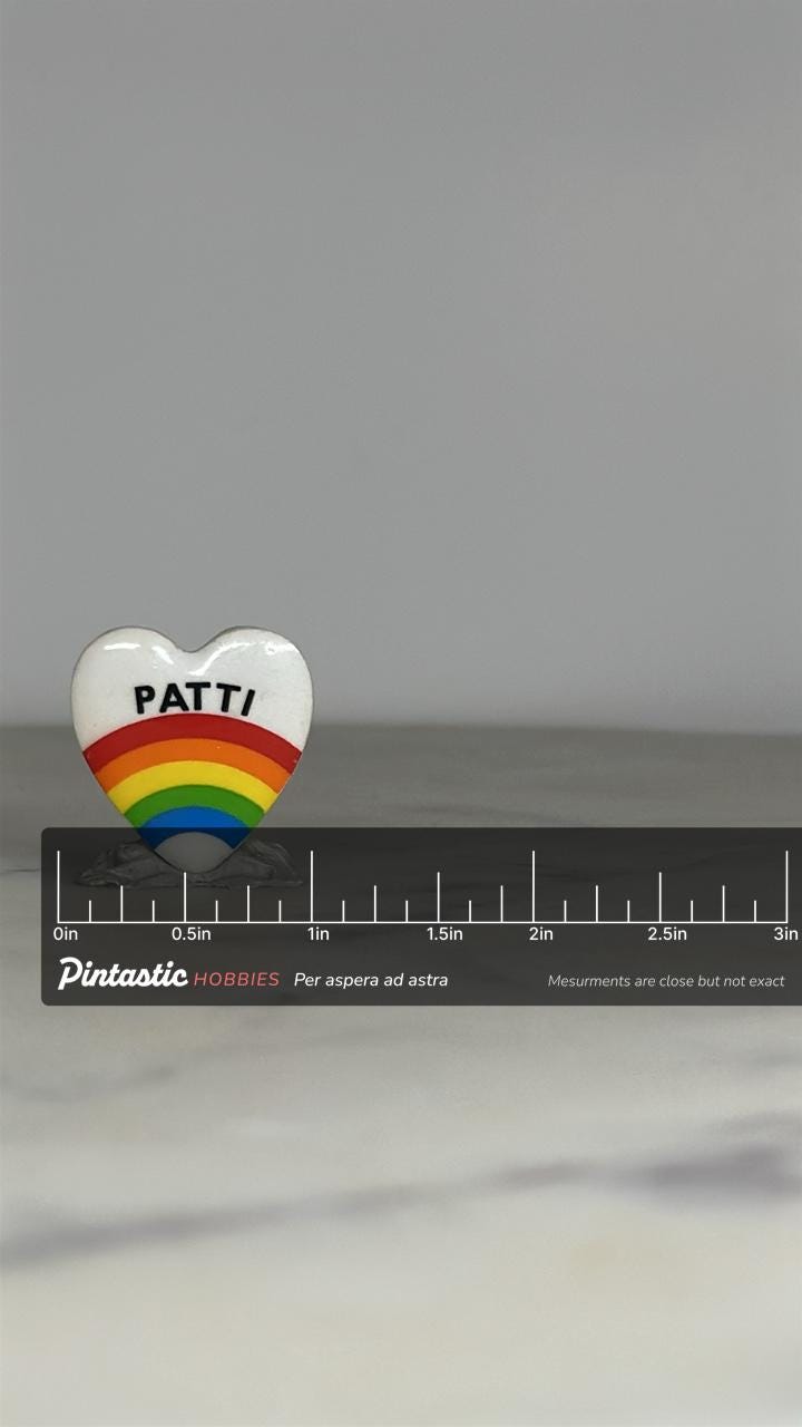 Patti Rainbow Heart Pin: Bold Color Enamel - Retro Name Tag Accessory with ruler overlay for size reference