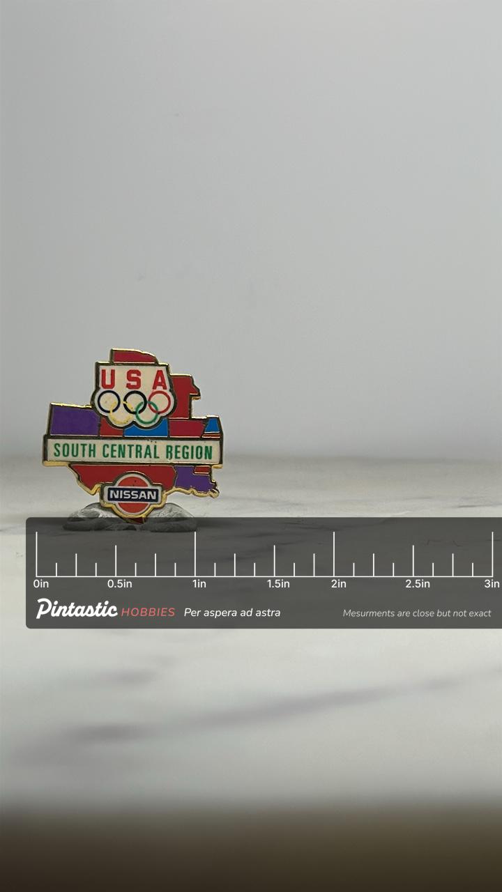 USA Olympic Nissan Pin: Multicolor Enamel - South Central Region Accessory with ruler overlay for size reference