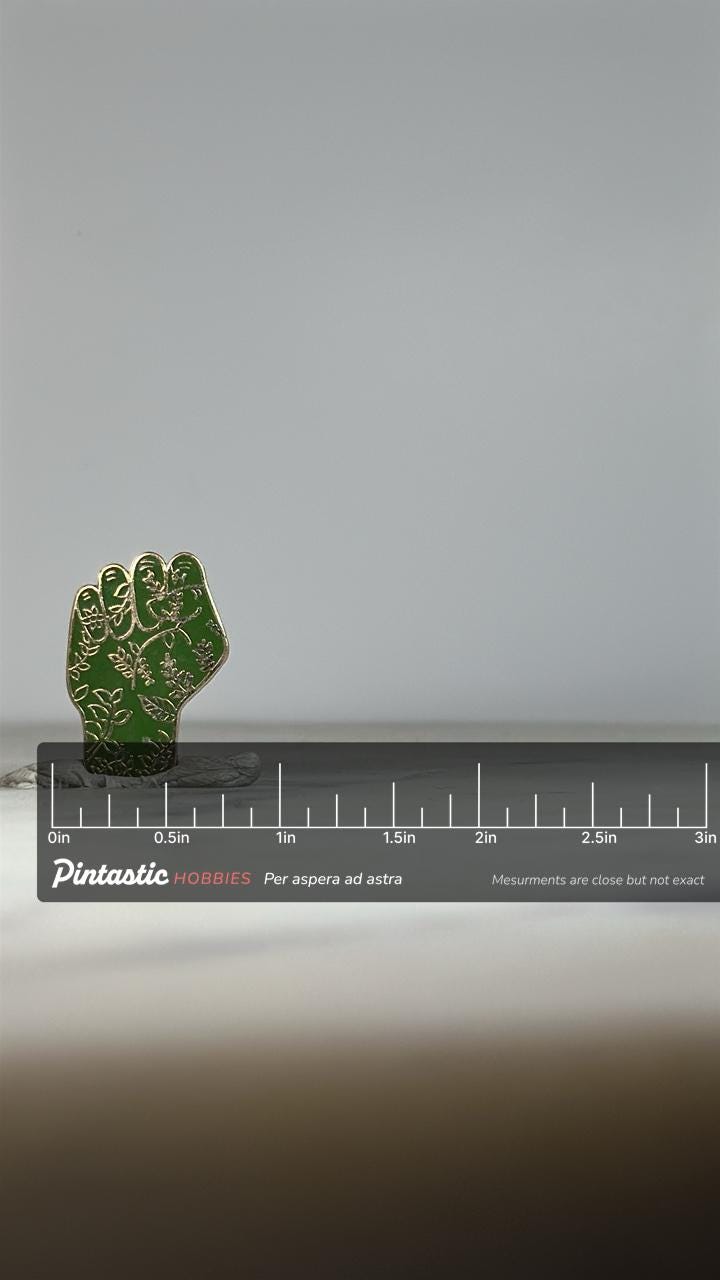 Fist Enamel Pin: Green with Gold Floral - Botanical Empowerment Accessory