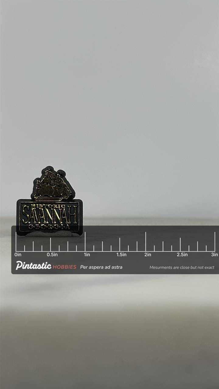 Savannah Georgia Souvenir Pin: Black & Gold Enamel - Vintage Travel Accessory with ruler overlay for size reference