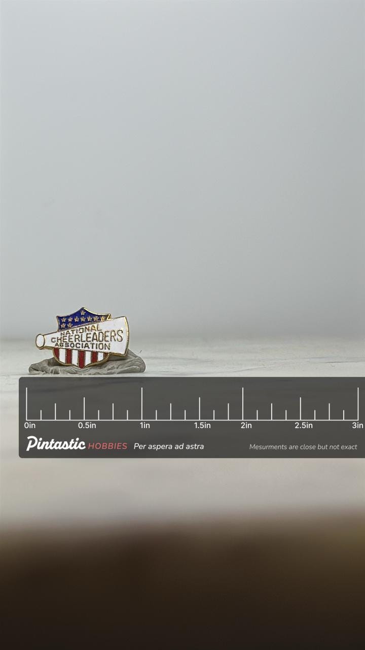 National Cheerleaders Association Pin: Red White Blue Enamel - Vintage Spirit Accessory with ruler overlay for size reference