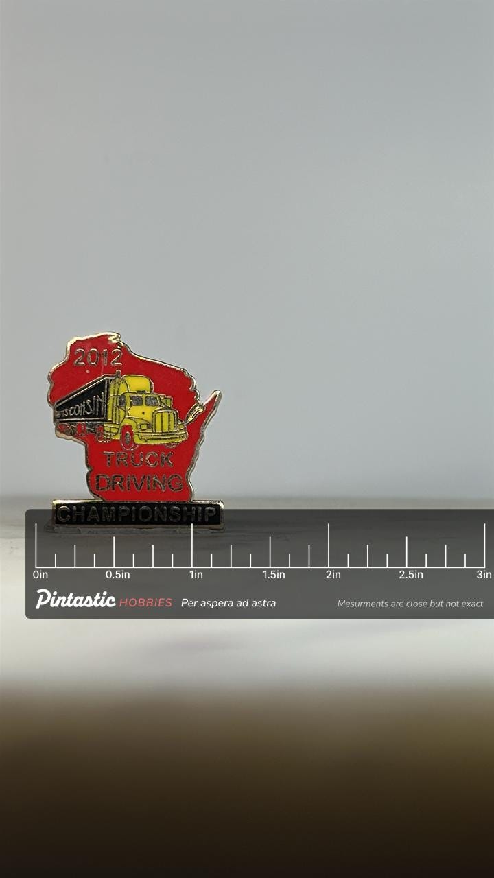 Wisconsin Truck Driving Pin: Red Yellow Enamel - 2012 Championship Accessory with ruler overlay for size reference