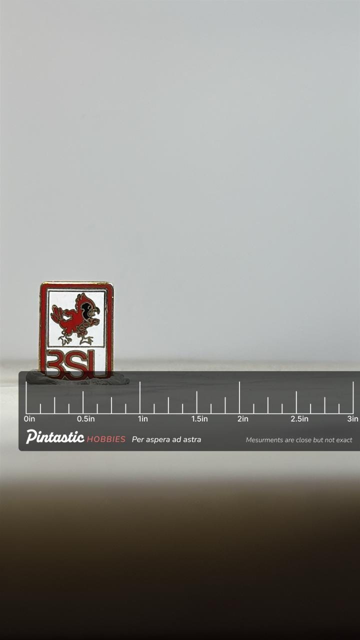 Vintage Ball State University BSU Cardinals Enamel Pin – Retro College Logo Lapel with ruler overlay for size reference