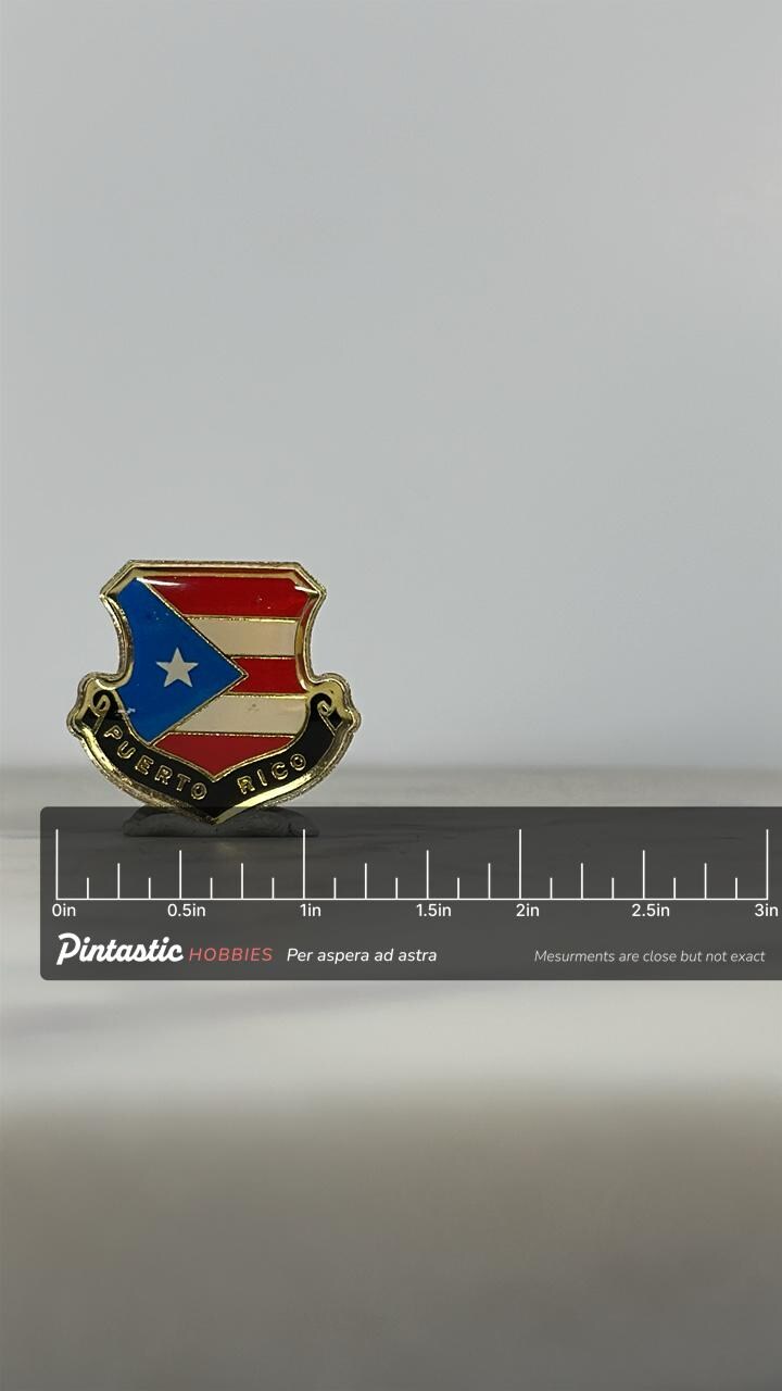 Puerto Rico Shield Pin: Red White Blue Enamel - Patriotic Accessory with ruler overlay for size reference