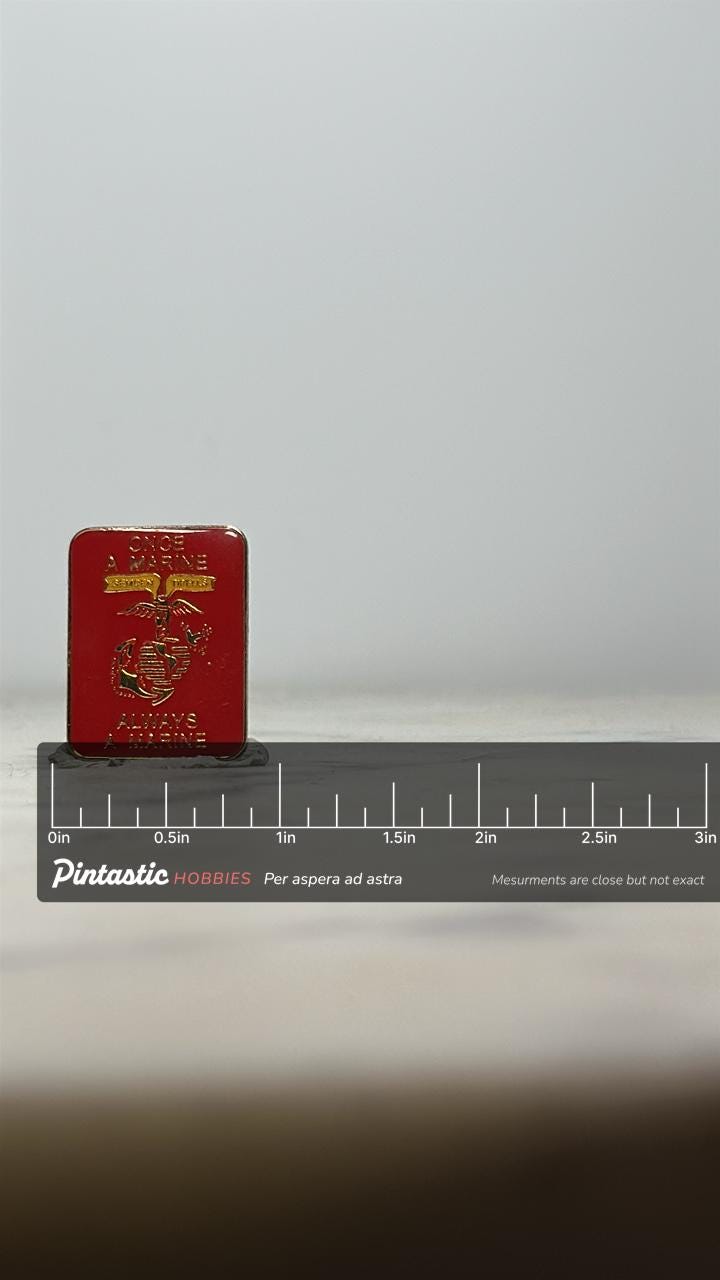 USMC Enamel Pin: Red & Gold Glossy Finish - Military Tribute Accessory with ruler overlay for size reference