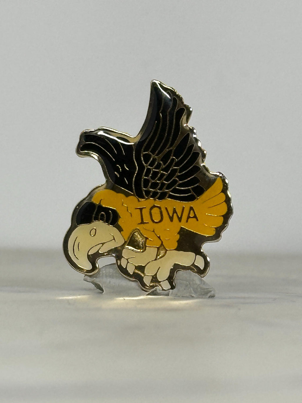 Iowa Hawk Mascot Pin: Black & Gold Enamel - Vintage College Accessory