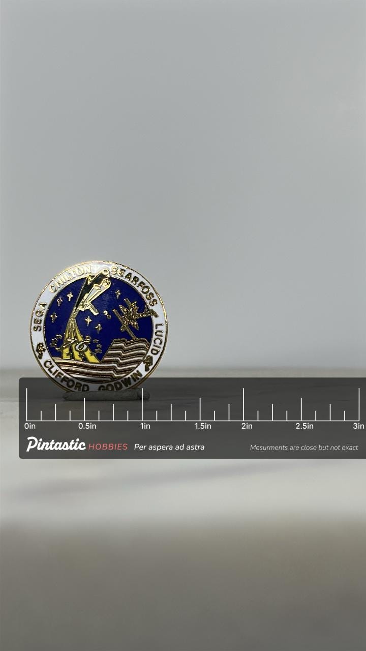 NASA STS-76 Mission Pin: Gold & Enamel Finish - Space Shuttle Accessory with ruler overlay for size reference