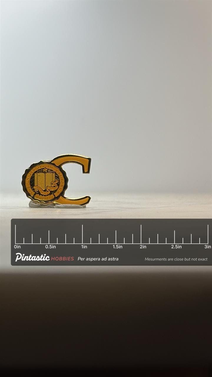 UC Berkeley Enamel Pin: Gold & Black Crest - Vintage College Accessory with ruler overlay for size reference