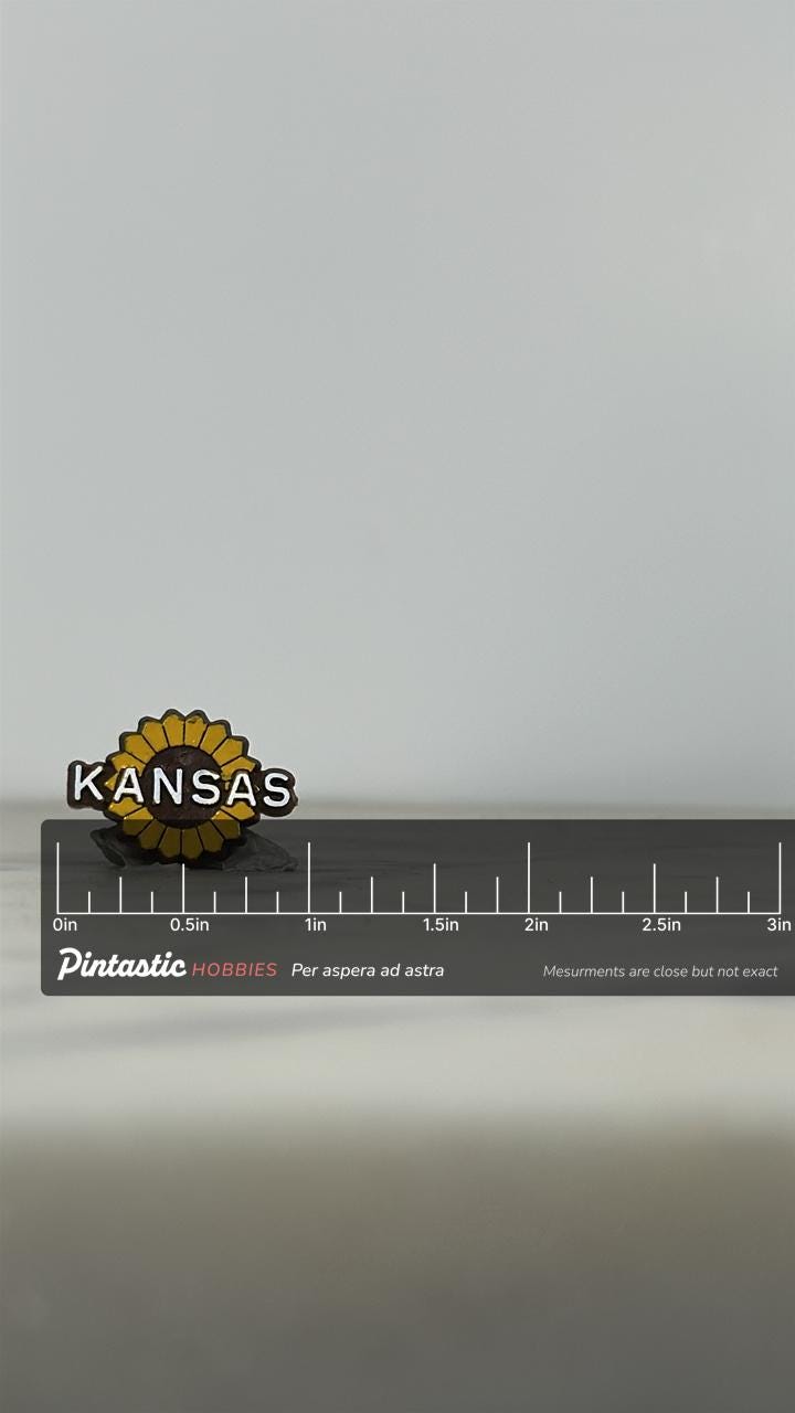 Kansas Sunflower Enamel Pin: Yellow & Brown Finish - Vintage State Accessory with ruler overlay for size reference