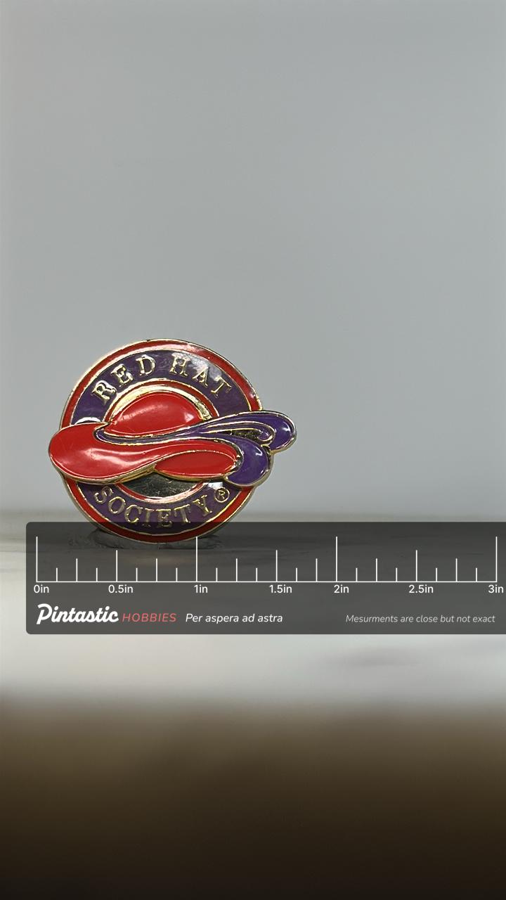 Red Hat Society Enamel Pin: Red & Purple Goldtone - Vintage Accessory with ruler overlay for size reference