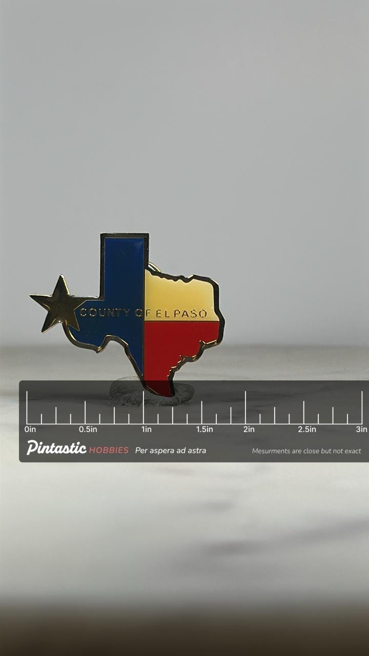 El Paso County Texas Pin: Tricolor Enamel - Vintage Souvenir Accessory with ruler overlay for size reference