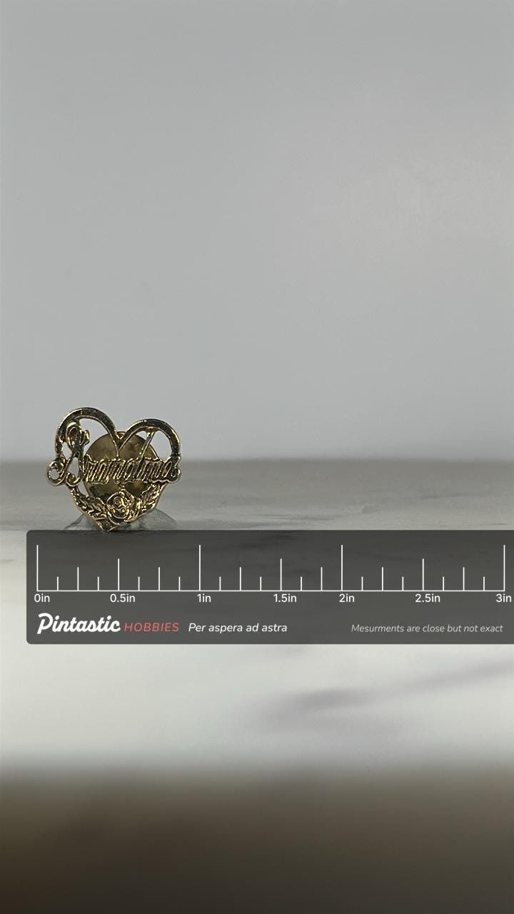 Grandma Heart Lapel Pin: Gold Tone Floral - Vintage Keepsake Accessory with ruler overlay for size reference