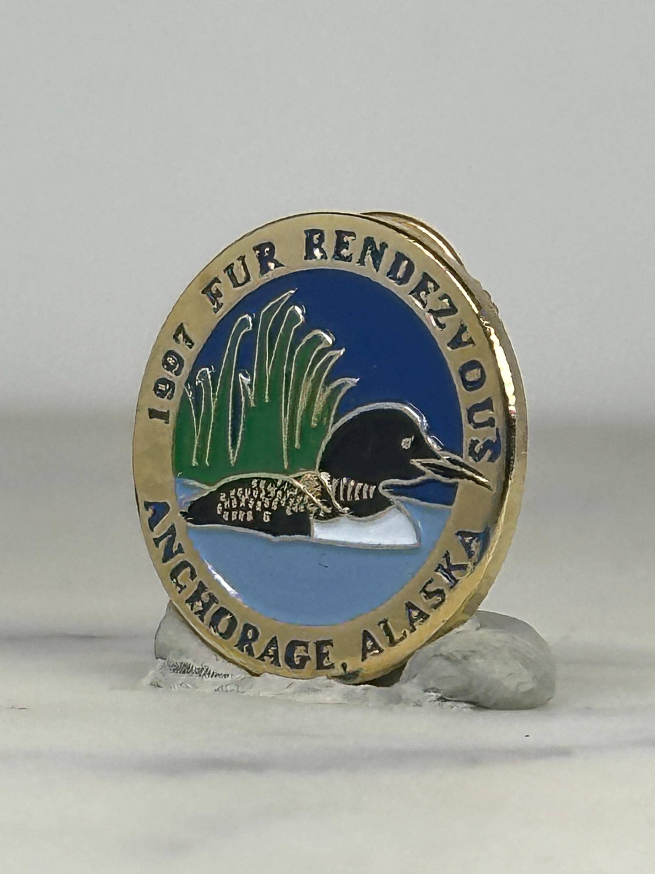 1997 Fur Rendezvous Enamel Pin: Gold Trim Alaska Loon - Vintage Festival Accessory