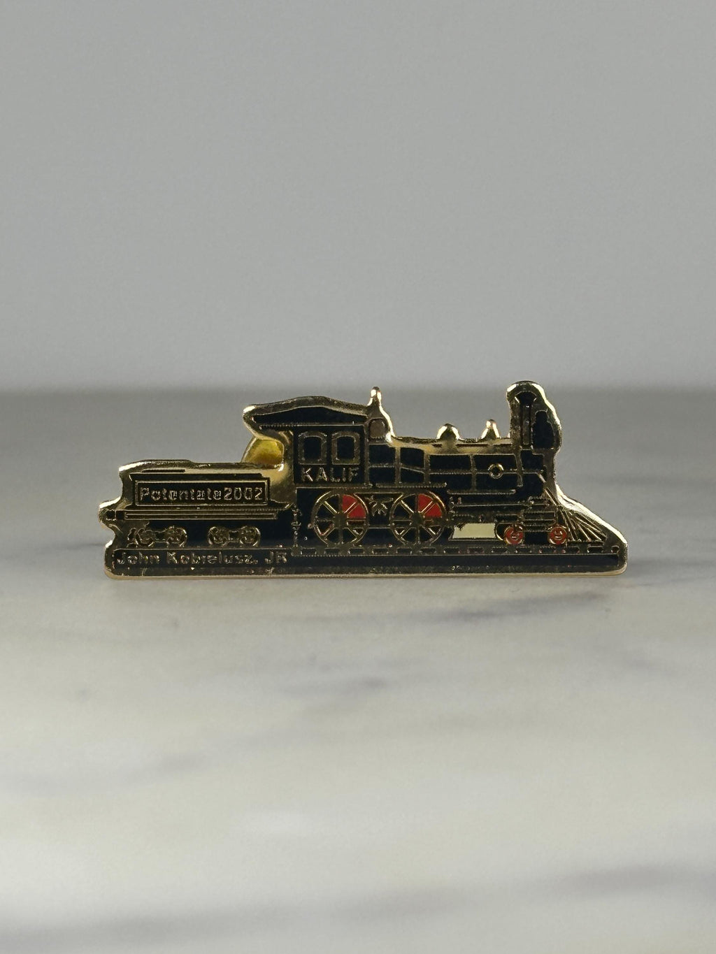 2002 Kalif Shriners Train Pin – John Kobrelusz Jr. Potentate Enamel Lapel Badge