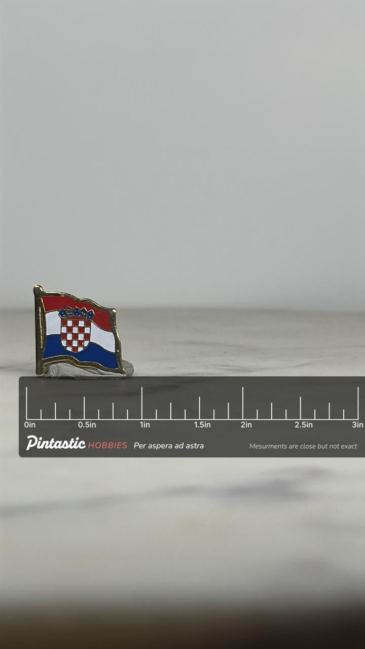 Croatia Flag Enamel Pin: Gold Trim Red White Blue - Patriotic Accessory with ruler overlay for size reference