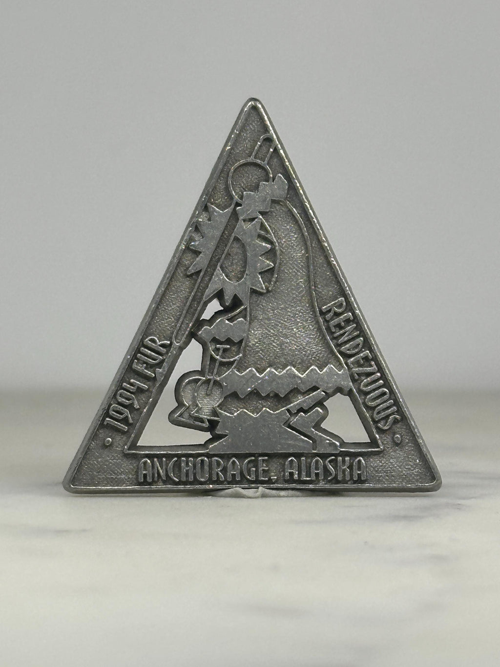 1994 Fur Rendezvous Pin: Triangular Pewter Finish - Alaska Festival Accessory