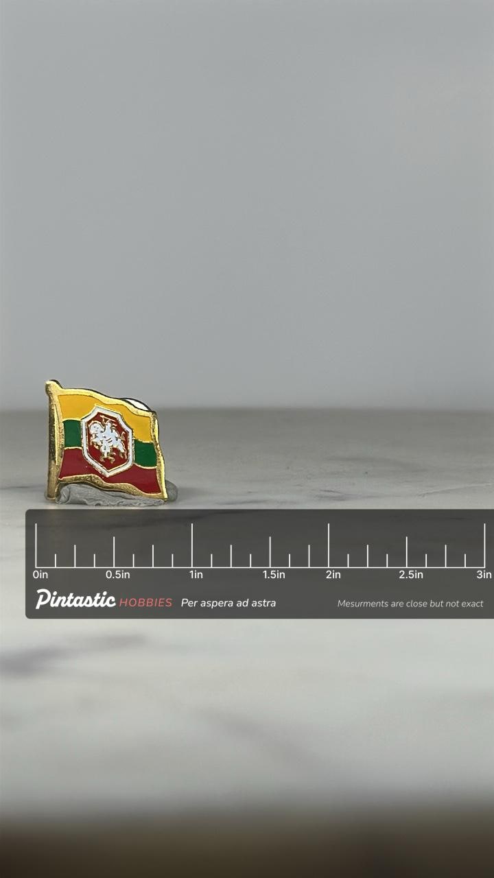 Lithuania Flag Enamel Pin: Gold Trim Cloisonné - Vintage Travel Accessory with ruler overlay for size reference