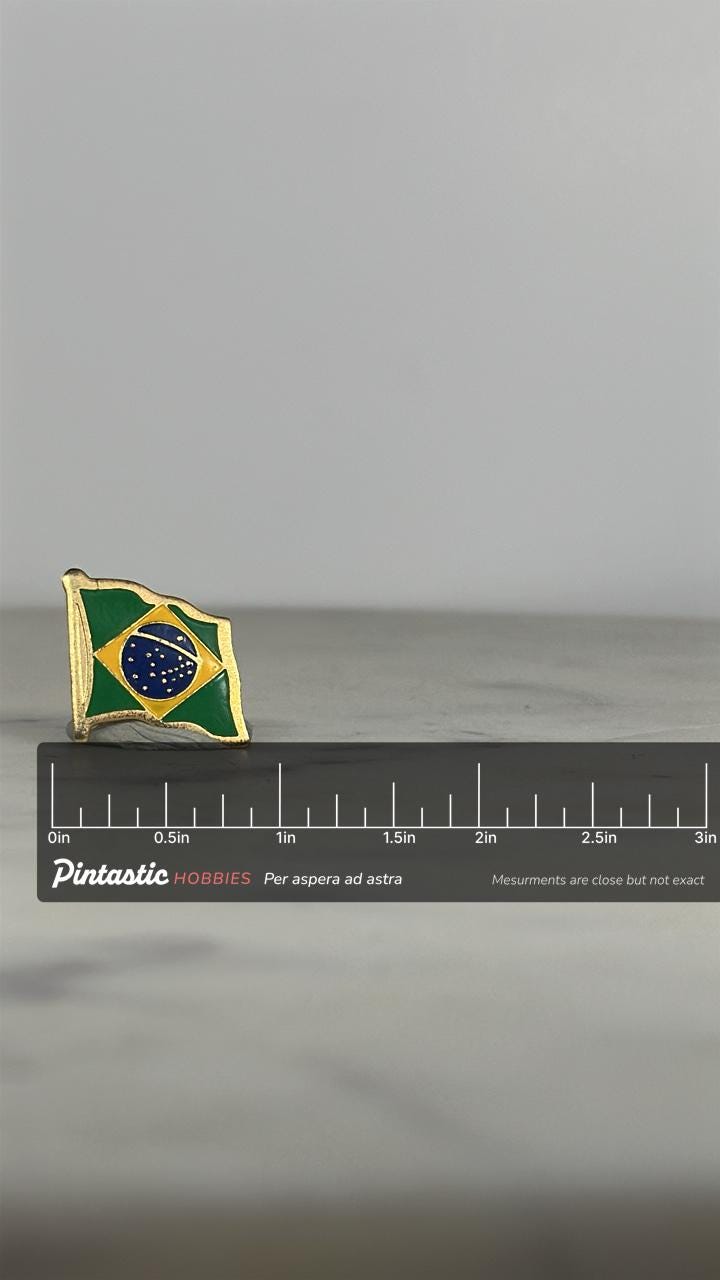 Brazil Flag Enamel Pin: Gold Trim - Vintage Patriotic Accessory with ruler overlay for size reference