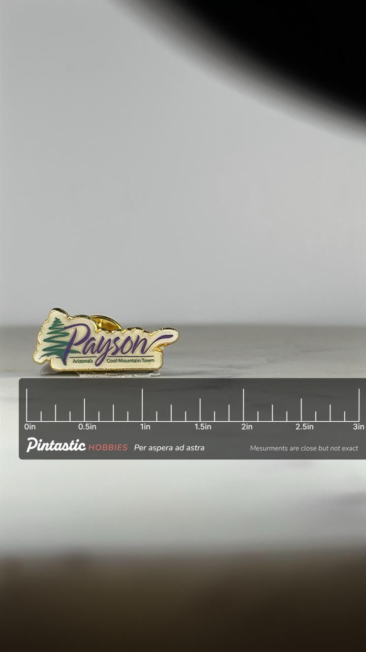 Payson Arizona Souvenir Pin: Gold Trim Enamel - Vintage Travel Accessory with ruler overlay for size reference