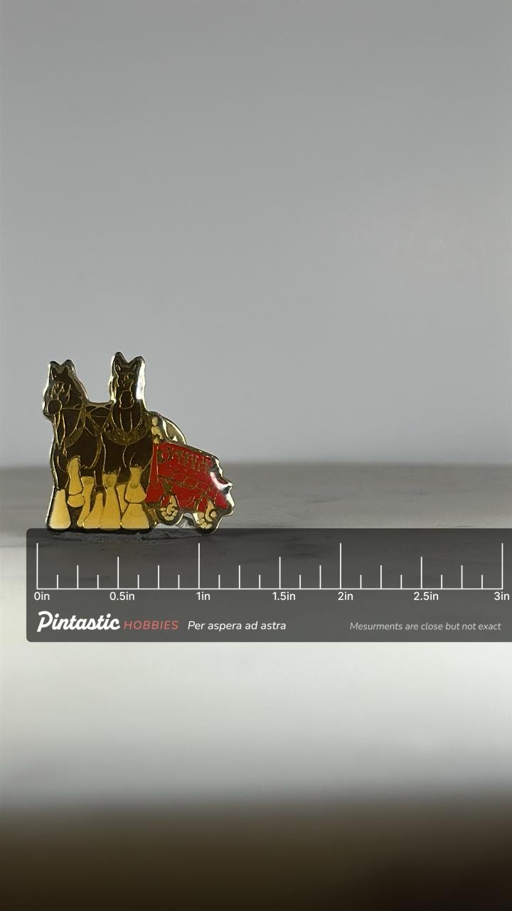Budweiser Clydesdale Horse Enamel Pin: Red Wagon Gold Tone - Vintage Beer Accessory with ruler overlay for size reference